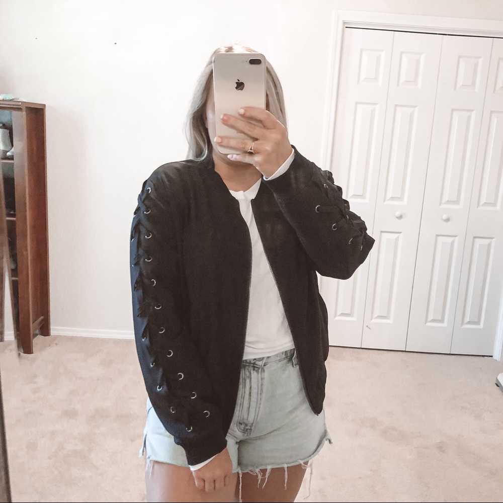 Renee C Black Lace Up Sleeve Bomber Jacket Size L
